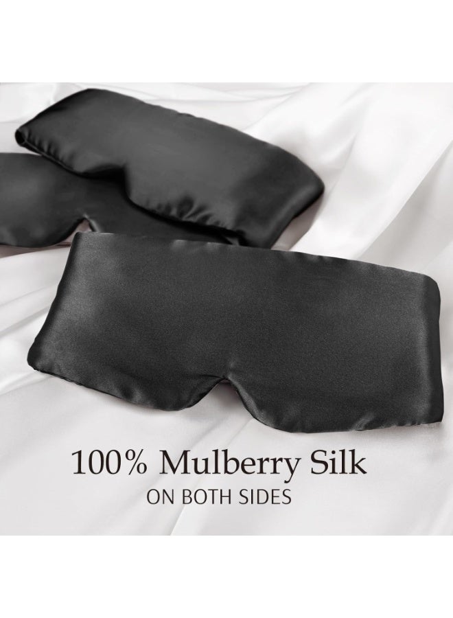 100% Mulberry Silk Sleep Mask Eye Mask for Man and Woman with Adjustable Headband, Full Size Large Sleep Mask & Blindfold for Total Blackout for All Night Sleep, Travel & Nap- Black - Image 2